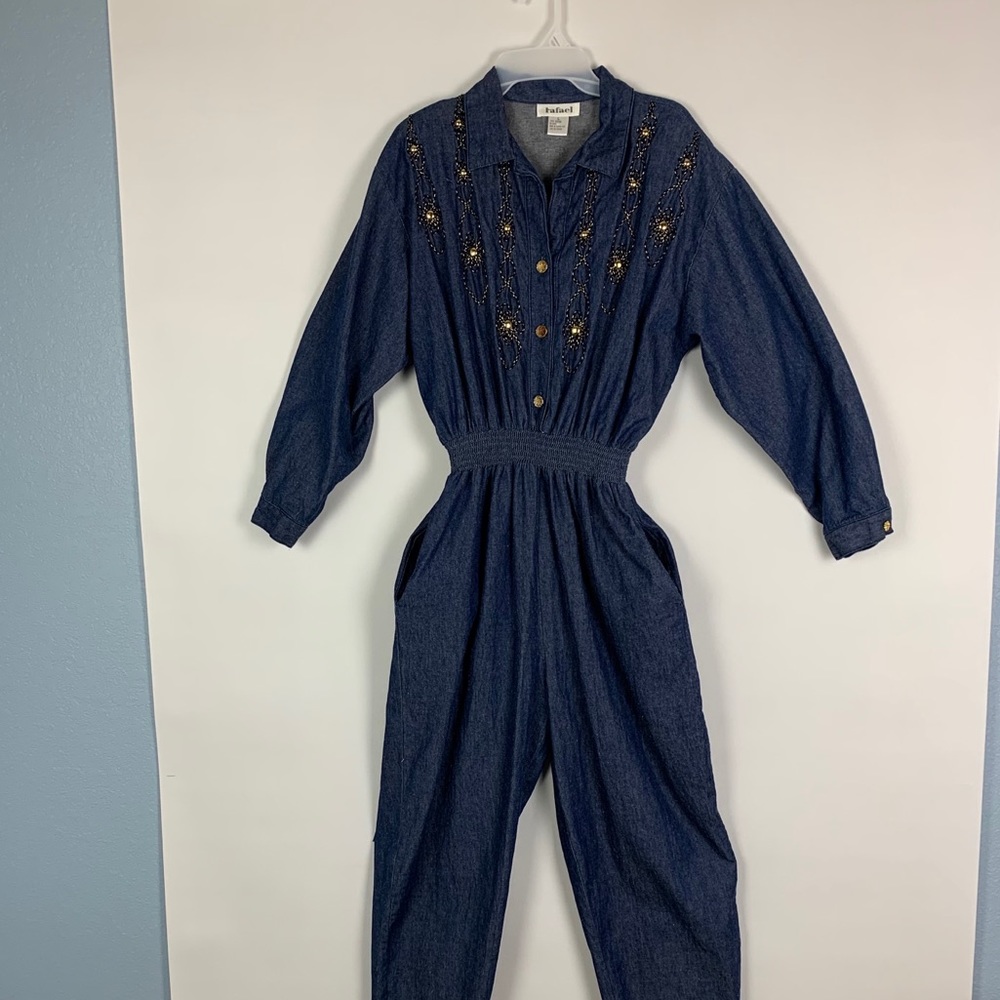 1990s‎ denim jumpsuit with gold accents pre💙d